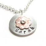 Riveted Hammered Flower Necklace Two Tone Copper Personalized Hand Stamped Pendant chain