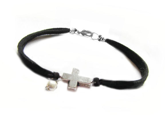 Silver Cross Bracelet Wire Wrapped Black Leather Suede Dangle Bead Jewelry Birthday wedding