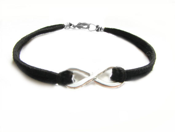 Hammered Knot Infinity Bracelet Unisex Wire Wrapped Black Leather Suede wear two side