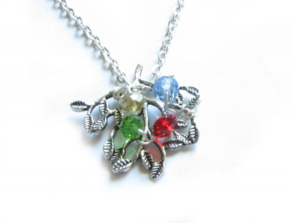 Family Tree Birth stone Necklace Personalized Wire Wrapped Silver Plated Chain mother Jewelry Birthday Wedding