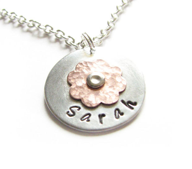 Riveted Hammered Flower Necklace Two Tone Copper Personalized Hand Stamped Pendant chain