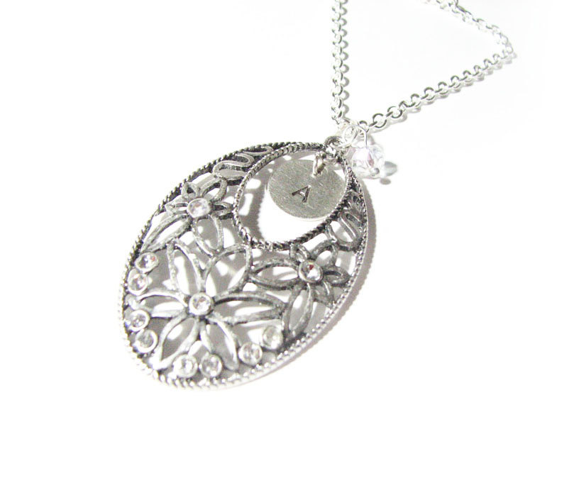 Flower Initial Necklace Personalized Hand Stamped Pendant Floral Crystal Bead Charm wedding birthday girlfriend