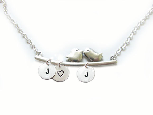 2 Bird Initial Necklace Custom Metal Hand Stamped Pendant Personalized Jewelry Charms