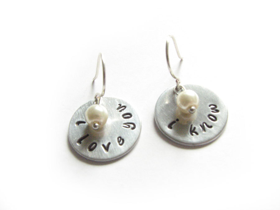 Sterling Silver Star Wars I love you I know Hand Stamped Earrings Wire Wrapped Dangle Pearl Bead Charm Jewelry