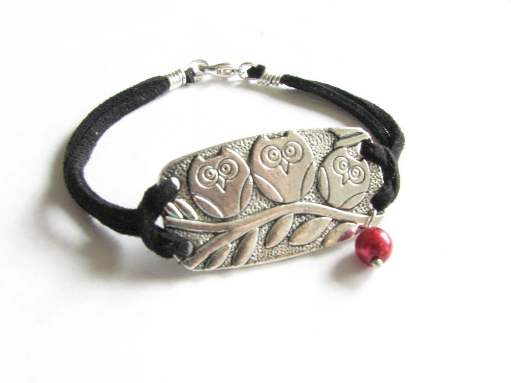 3 Owl Bracelet Wire Wrapped Black Leather Suede Jewelry with Pearl and Bead charm