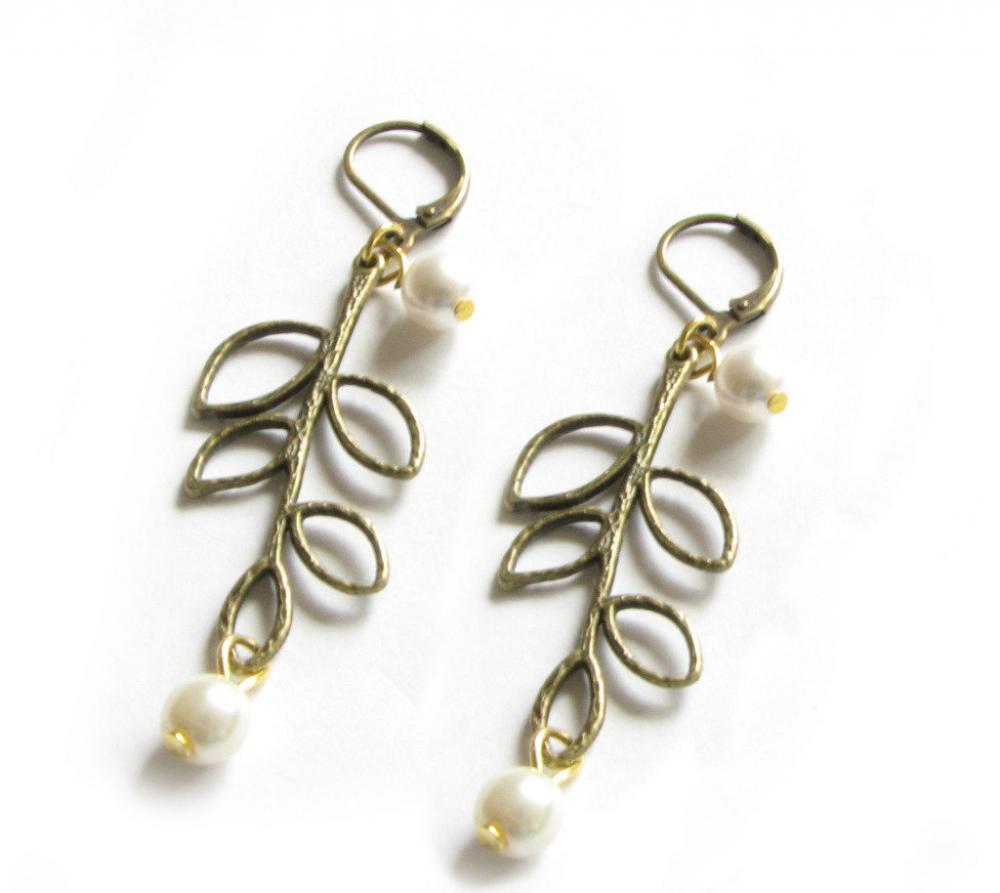 Leaf Earrings Lever Back Open Leaf Pearl Dangle Jewelry wedding birthday graduation