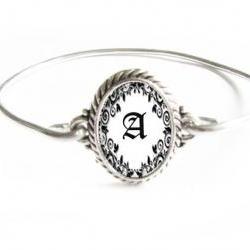 Wire Wire Initial Bracelet Silver Wire Wrapped Bangle Jewelry Black & White
