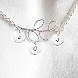 3 Initial Leaf Necklace Personalized Hand Stamped Pendant Chain Jewelry choice aluminum brass bronze