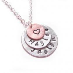 Triple Custom Hand Stamped Name Necklace Heart Custom Personalized Pendant mother