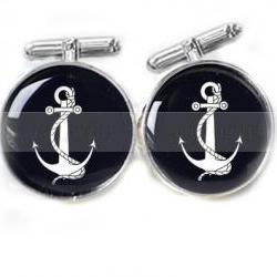 Black Anchor Men Cufflinks Custom Black White personalized Wedding keepsake gift for him guys men father photo cuff links birthday