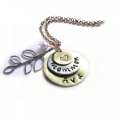 3 Leaf Hand Stamped Layered Necklace Personalized Birthstone Bead Charm Bronze Chain