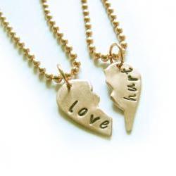 Hand cut Broken Heart Necklace Split Hand Stamped Pendant Ball Chain Jewelry Copper or Brass