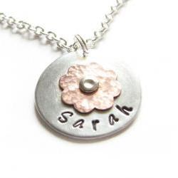 Riveted Hammered Flower Necklace Two Tone Copper Personalized Hand Stamped Pendant chain