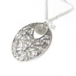 Flower Initial Necklace Personalized Hand Stamped Pendant Floral Crystal Bead Charm wedding birthday girlfriend