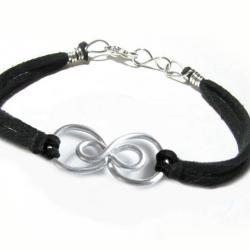 Silver Double Infinity Bracelet Wire Wrapped Black Leather Suede Jewelry