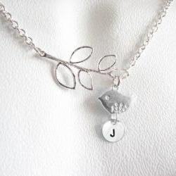 Sterling Silver Bird Initial Leaf  Necklace Personalized Hand Stamped Pendant Chain Jewelry leaf