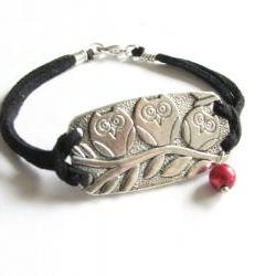 3 Owl Bracelet Wire Wrapped Black Leather Suede Jewelry with Pearl and Bead charm