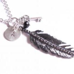 Crystal Leaf Initial Necklace Hand Stamped Key & Bead Charm Pendant Personalized Jewelry silver plated chain