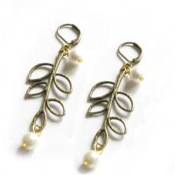Leaf Earrings Lever Back Open Leaf Pearl Dangle Jewelry wedding birthday graduation